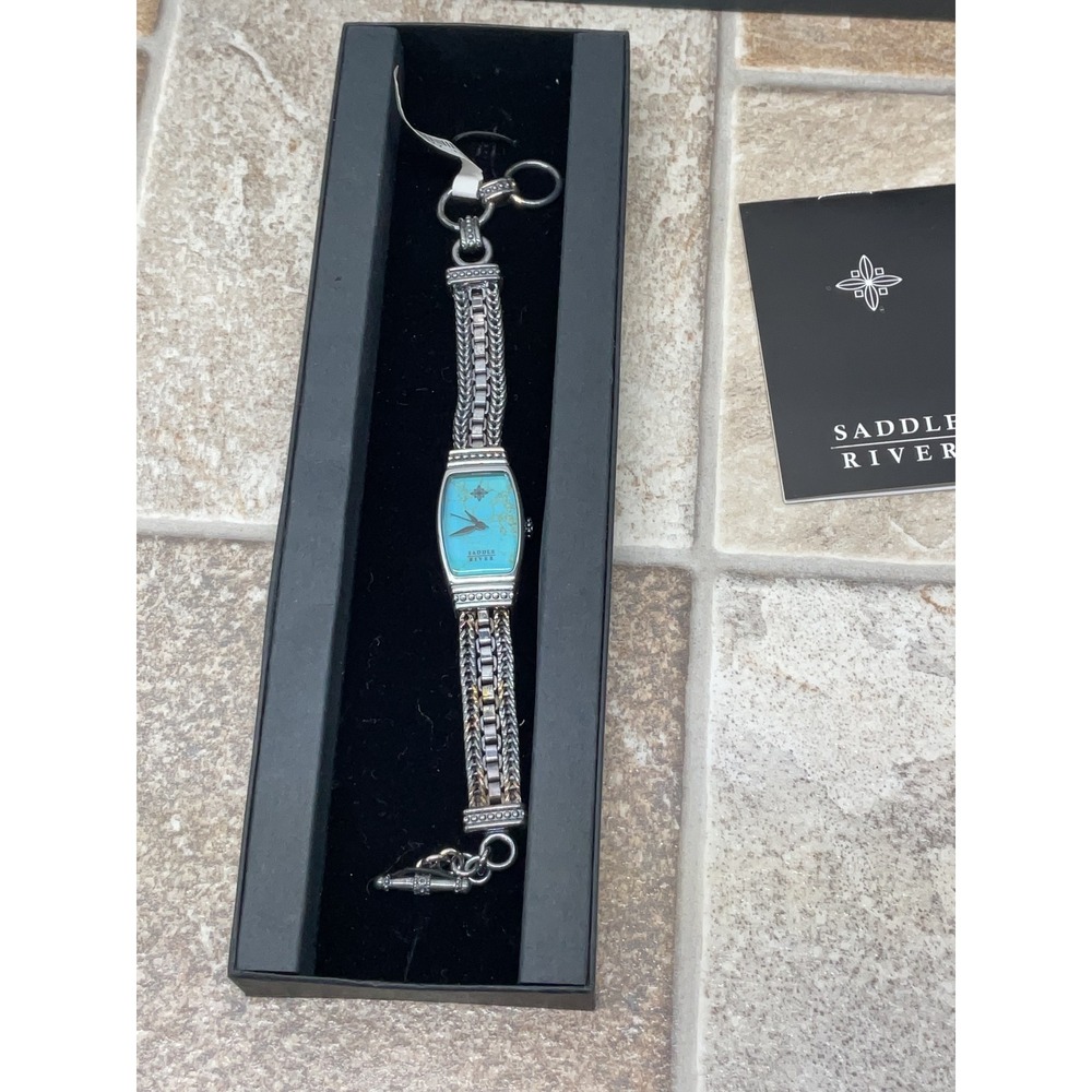 Saddle River Western Wrist Watch 10755 Turquoise Dial Silver Tone Chain Band NEW